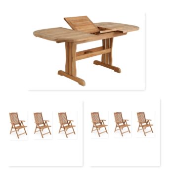 Förlängningsbart bord 100x190x240 cm och 6 positionsstolar tillverkade av teak.