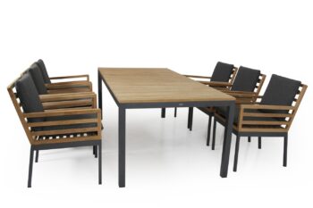 Brafab Zalongo Matgrupp med bord och stolar i grå aluminium och teak. Grå dynor ingår.