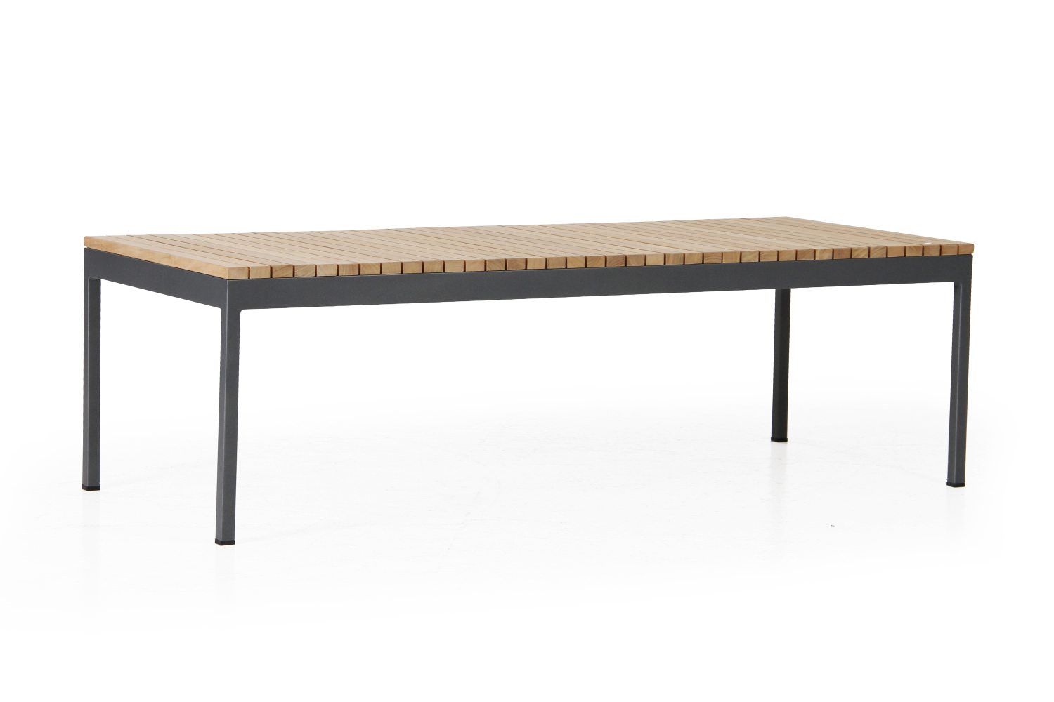 Zalongo soffbord i antracitlackerad aluminium och tvärställda teakribbor som bordsskiva.