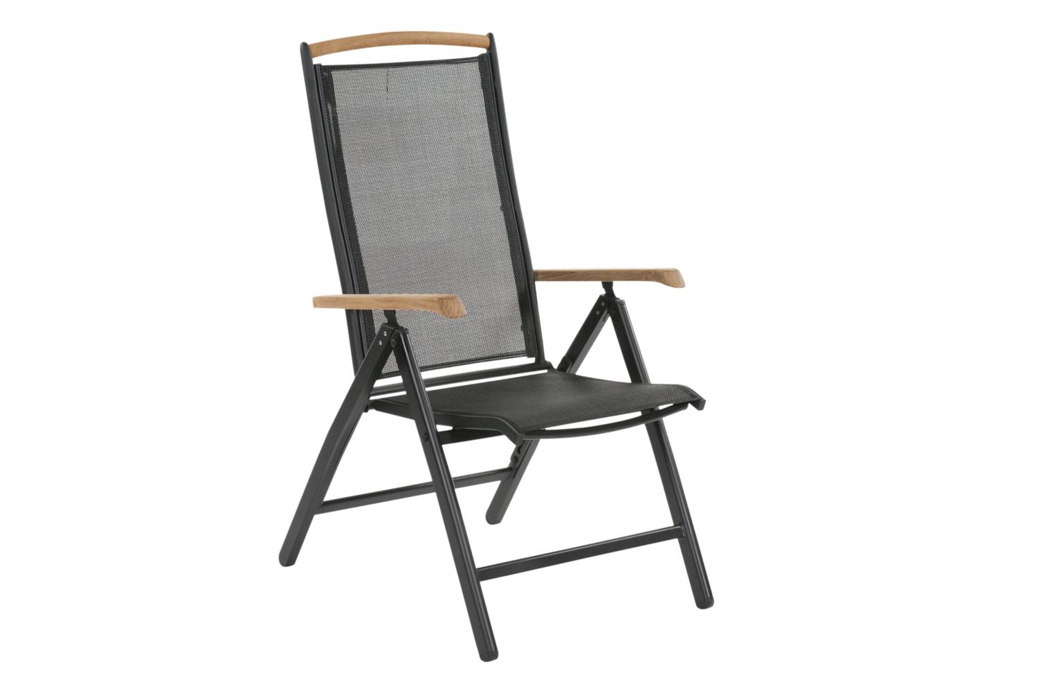 Positionsstol i svart aluminium, svart textilene och detaljer i teak.