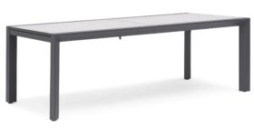 Hillerstorp Borgdala Matbord 107X220/340 cm. Bord med iläggsskiva tillverkat av mörkgrå aluminium med grå skiva av laminerat glas.