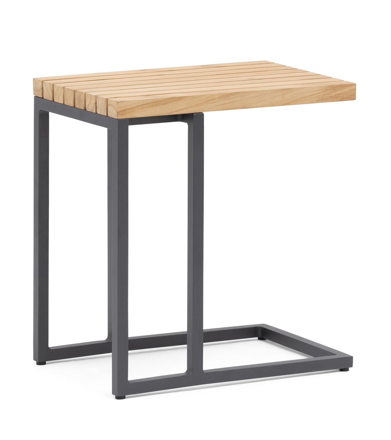Hillerstorp Oxelunda Avlastningsbord/sidobord. Tillverkat av mörkgrå aluminium med bordsskiva i teak.