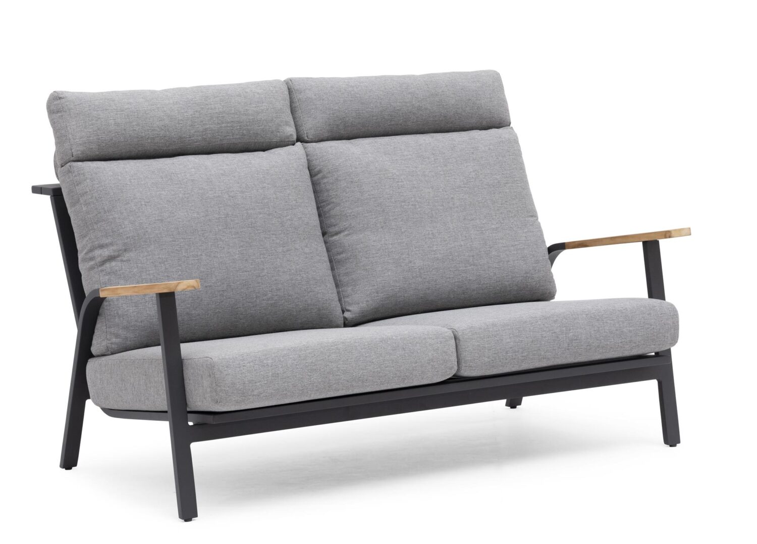 2-sits soffa i svart/mörkgrå aluminium och grå dynor.
