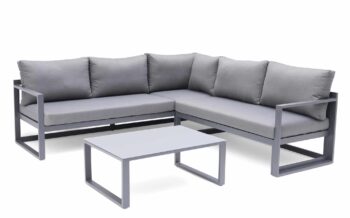Hillerstorp Lundamo Hörnsoffa, 5-sits i antracitfärgad aluminium med grå dynor och bord med glasskiva.