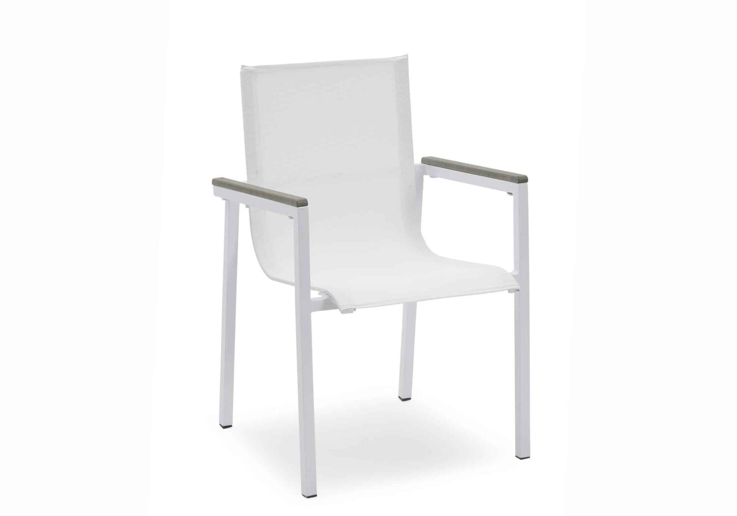 Hillerstorp Arlöv Stapelstol i vit aluminium och vit textilene med grå Gaumo på armstöden.