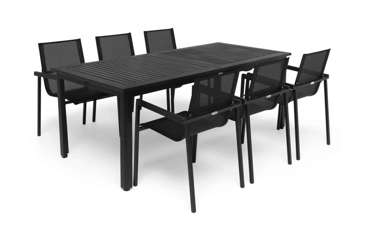 Hillerstorp Arlöv Nydala Matgrupp 6 stolar, består av ett bord 90X200/280 cm med grå Gaumoskiva och sex svarta stolar.