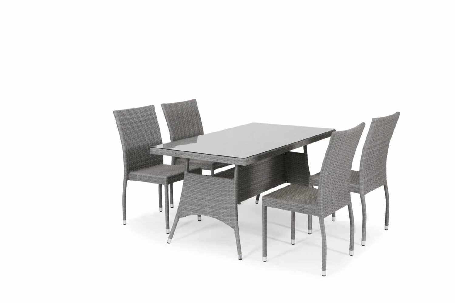 Hillerstorp Atlanta Matgrupp 4 stolar. Bord 80x140 cm i grå konstrotting och glasskiva samt 4 stapelstolar i grå konstrotting.