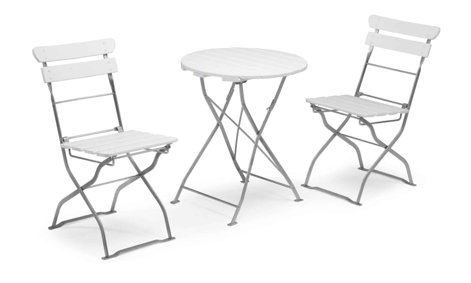 Hillerstorp Krögaren Cafégrupp två stolar och runt bord. Stomme av förzinkat stål. Sits, rygg och bordsskiva i vitlaserad furu.