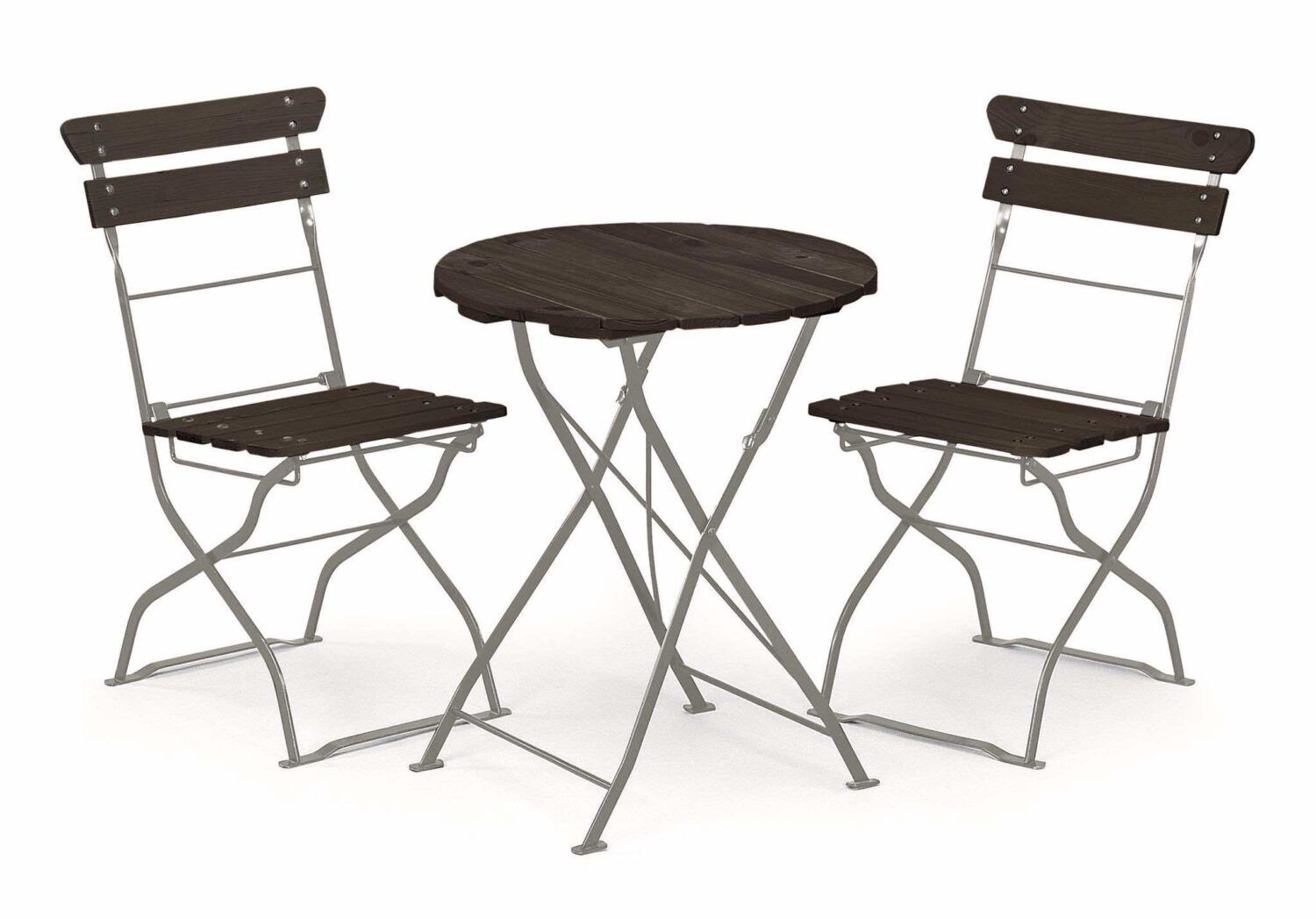 Hillerstorp Krögaren Cafégrupp två stolar och runt bord. Stomme av förzinkat stål. Sits, rygg och bordsskiva i svartlaserad furu.