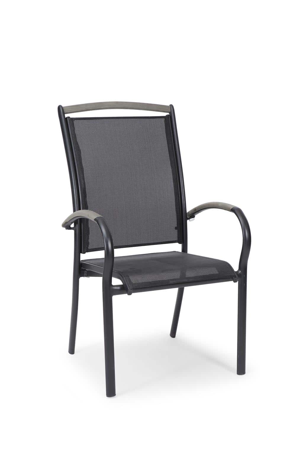Hillerstorp Nydala Stapelstol tillverkad av svart aluminium, svart textilene och detaljer i grå Gaumo.
