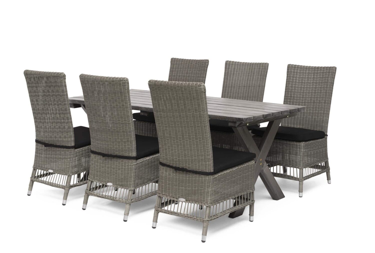 Hillerstorp Shabby Chic & Trenton Matgrupp 6 stolar. Shabby Chic bord (86X195 cm) med grålaserad borstad bordsskiva och grå ben. Trenton stol i grå konstrotting och svart dyna.