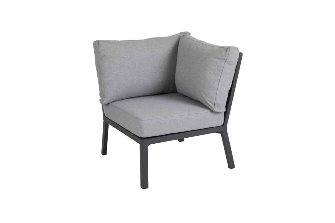 Brafab Samvaro Hörndel grå, loungesoffa i antracitgrå aluminium och pärlgrå dynor i olefin.