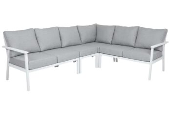 Brafab Samvaro Hörnsoffa med extra mittdel vit, loungesoffa i vit aluminium och pärlgrå dynor i olefin.