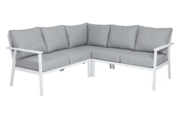 Brafab Samvaro Hörnsoffa vit, loungesoffa i vit aluminium och pärlgrå dynor i olefin.