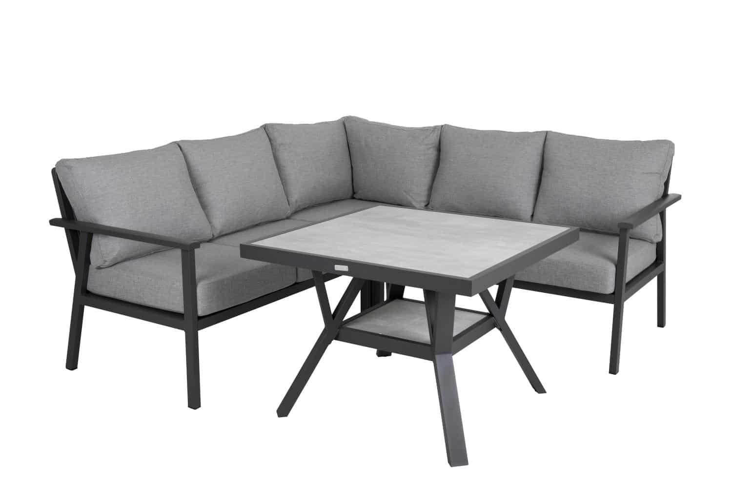Brafab Samvaro Hörnsoffa och bord 90x90 cm grå, loungesoffa i antracitgrå aluminium och pärlgrå dynor i olefin.
