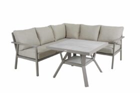 Brafab Samvaro Hörnsoffa och bord 90x90 cm beige, loungesoffa i beige aluminium och sandfärgade dynor i olefin.