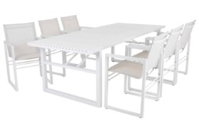 Brafab Vevi Matgrupp vit, bord 230×95 cm i vit aluminium och 6 karmstolar med vit textilene.