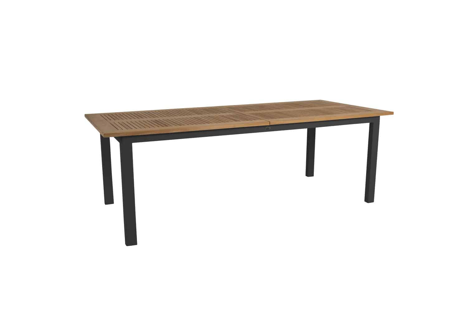 Brafab Lyon Matbord svart. Förlängningsbart matbord 224-304x100 cm med svart benställning i aluminium och bordsskiva i naturfärgad teak.