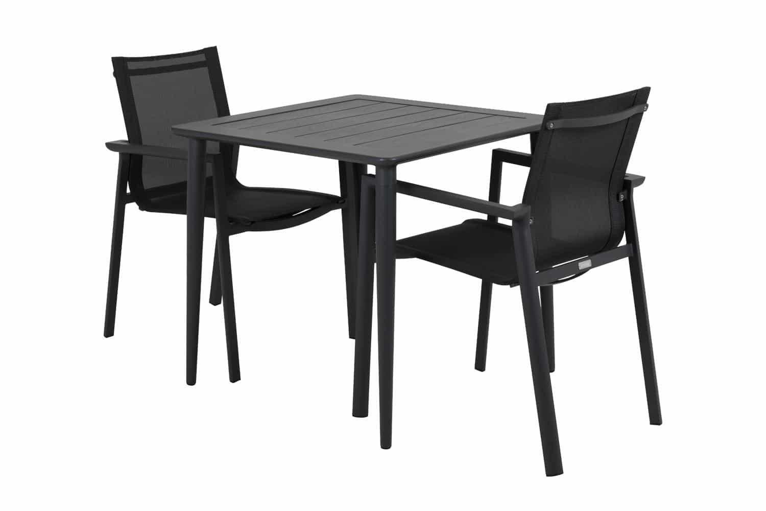 Brafab Nimes Matbord grå 78×78 cm och två svarta stolar.