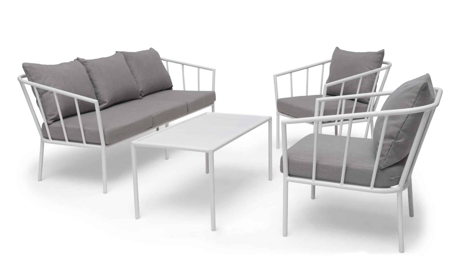 Hillerstorp Elesvik Soffgrupp vit, soffa, två fåtöljer och soffbord med grå dynor.