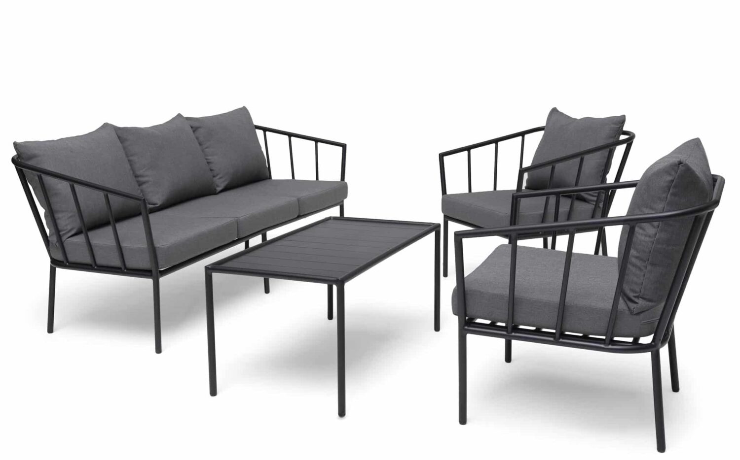 Hillerstorp Elesvik Soffgrupp svart, soffa, två fåtöljer och soffbord med grå dynor.
