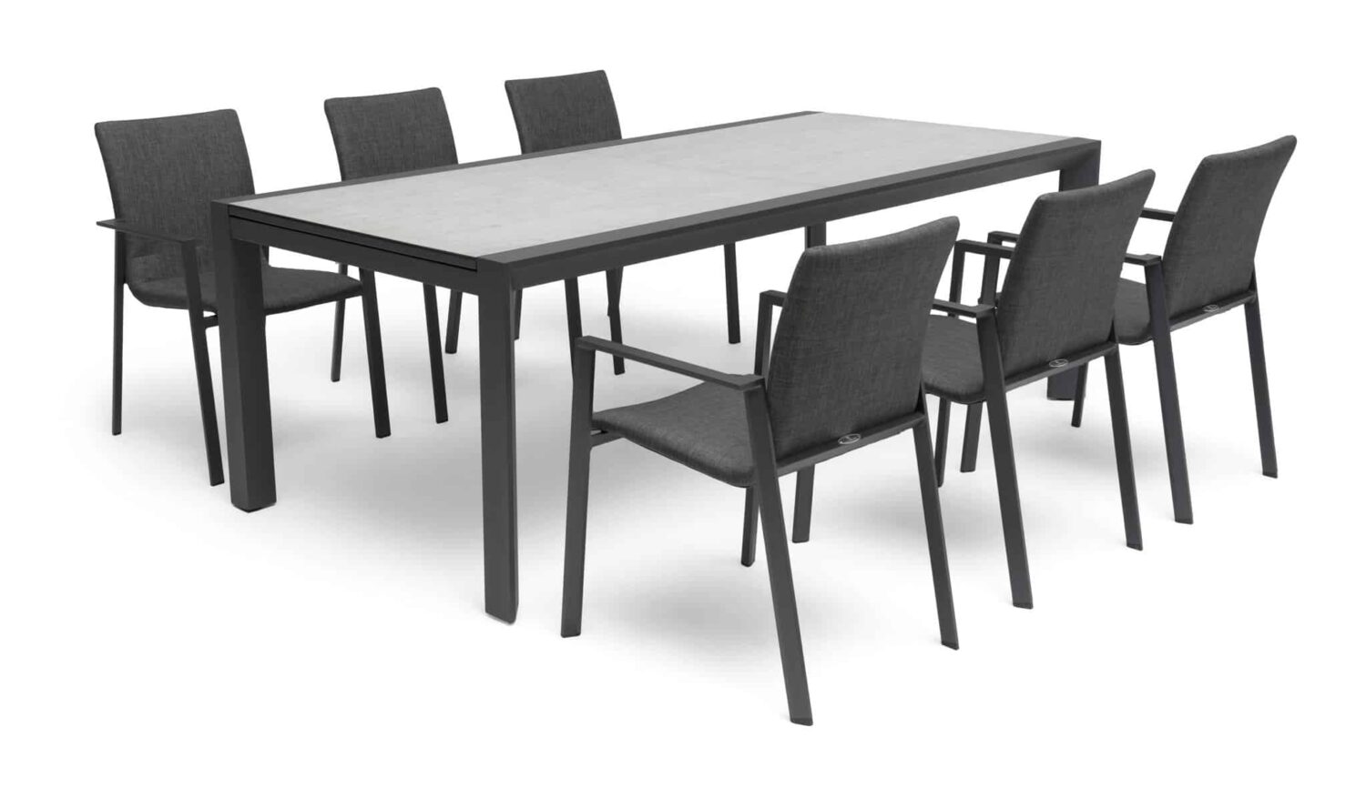 Hillerstorp Borgdala Matgrupp grå, bord med glasskiva och sex matstolar med textilen.