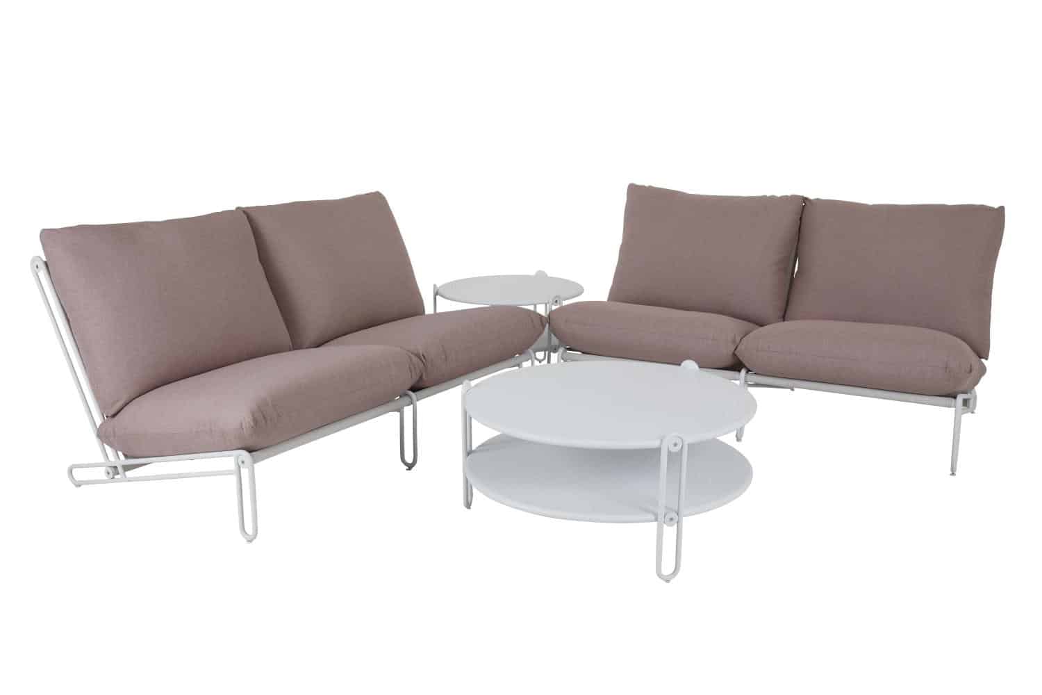 Brafab Blixt Soffgrupp 2 st 2-sitssoffor vit med roséfärgade dynor och vita runda soffbord.