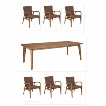 Brafab Lilja Matbord 240x100 cm i teak och sex Lilja karmstolar i teak och beige konstrotting.