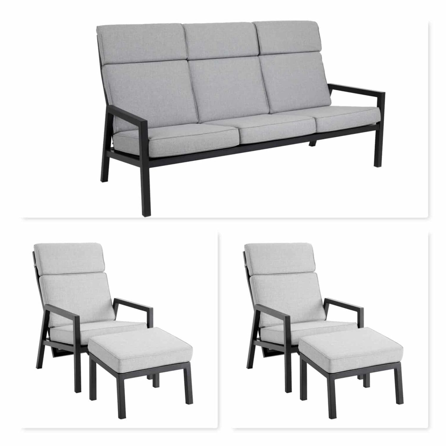 Brafab Belfort Loungegrupp soffa & 2 positionsfåtöljer & fotpallar i svart aluminium och grå dynor.