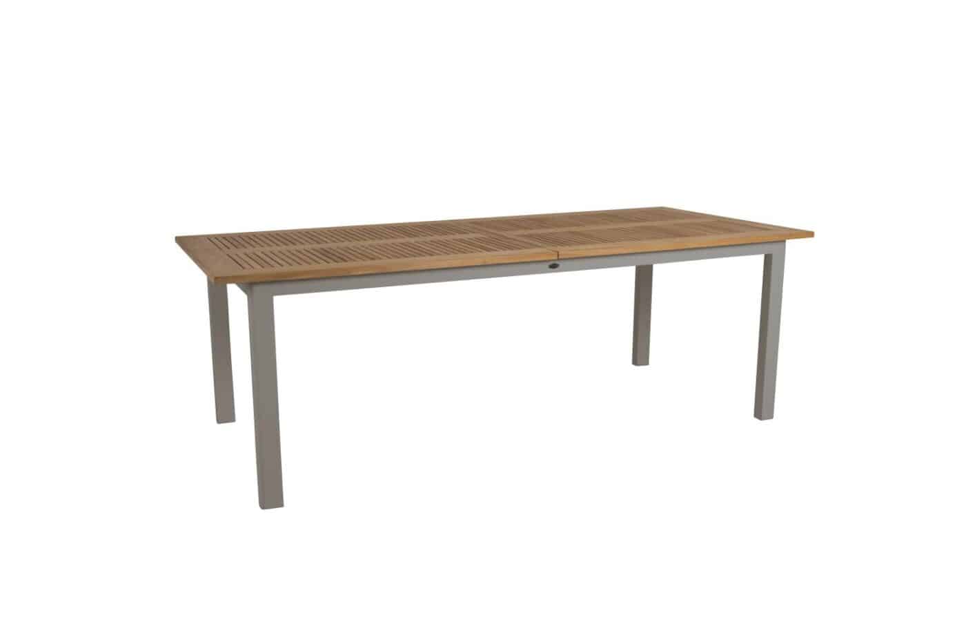Brafab Lyon bord 224-304x100 cm med khakifärgad benställning i aluminium och bordsskiva i naturfärgad teak.