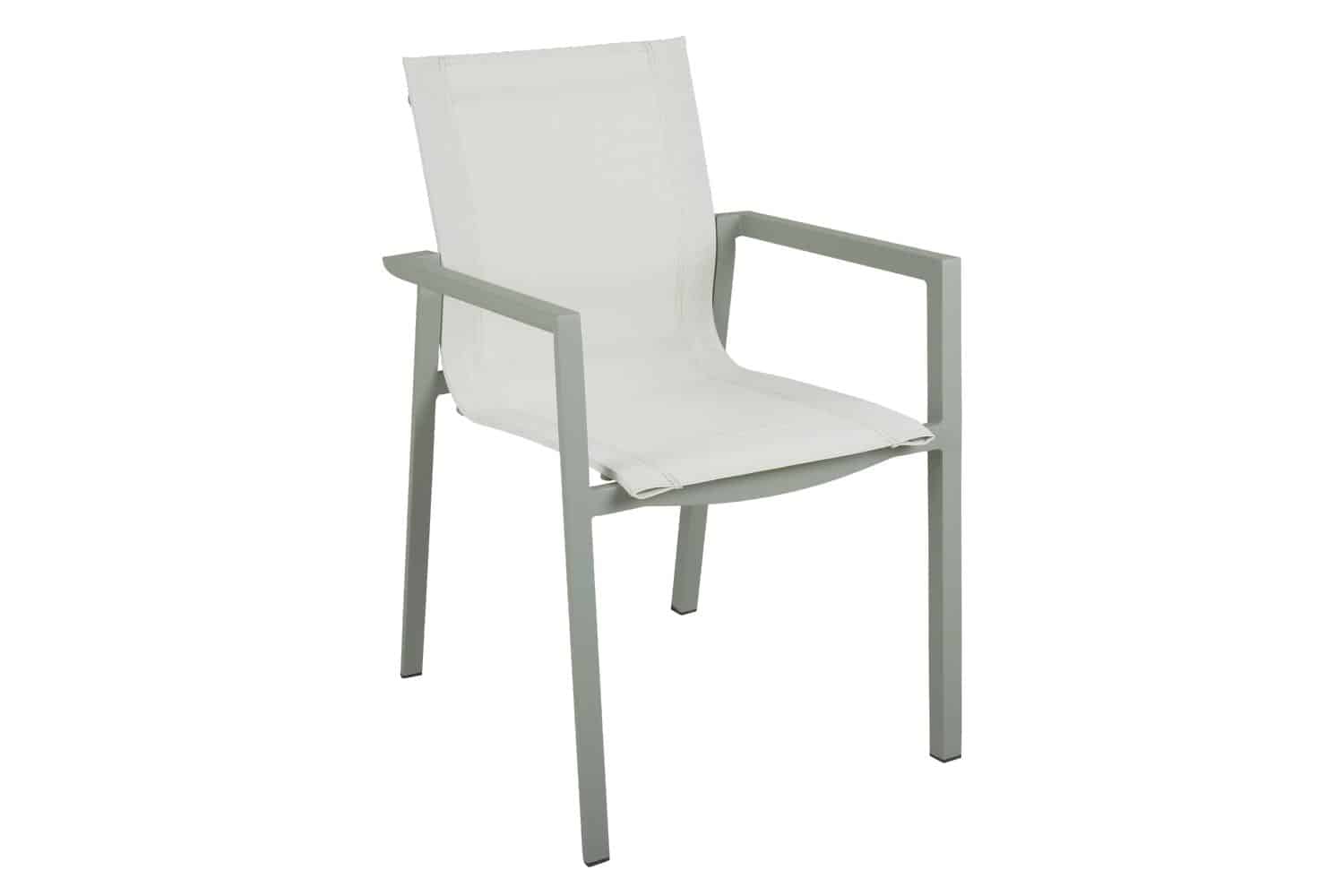 Brafab Delia Karmstol grön/off white är en stapelbar matstol i dammigt matt grön aluminium och off white textilene.