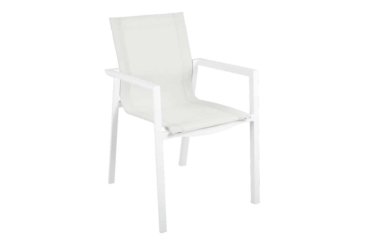 Brafab Delia Karmstol vit/off white är en stapelbar matstol i vitfärgad aluminium och off white textilene.