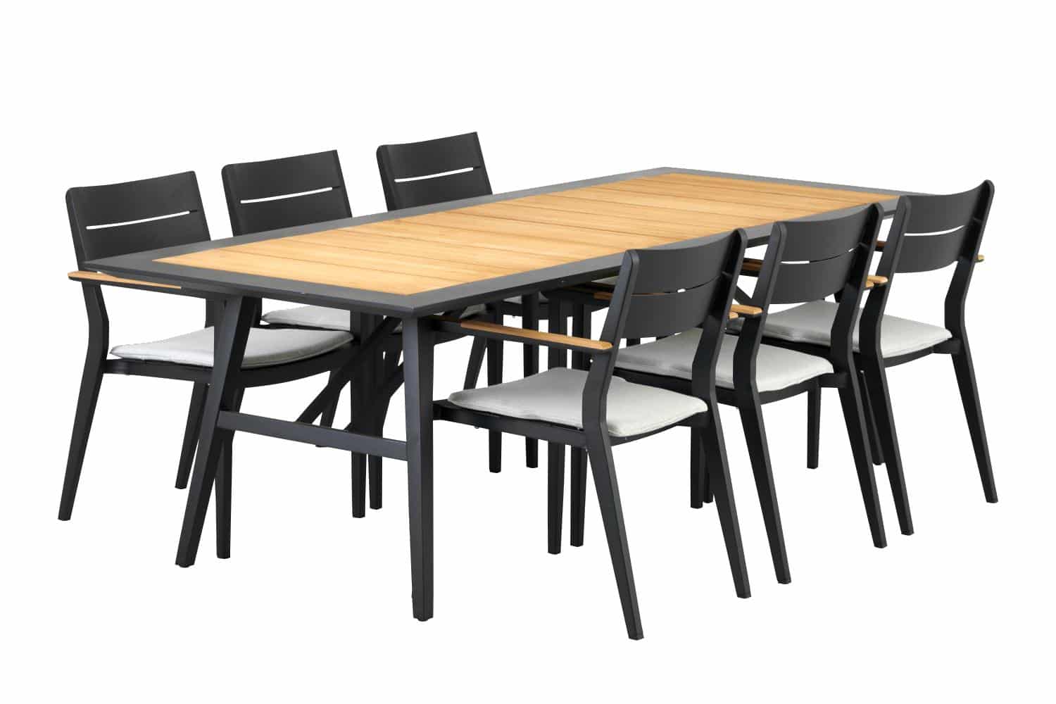 Brafab Chios Matbord 240x100 cm är ett förstklassigt matbord med svart aluminiumram och infälld topp med tvärgående ribbor i teak. Med Chios karmstolar.