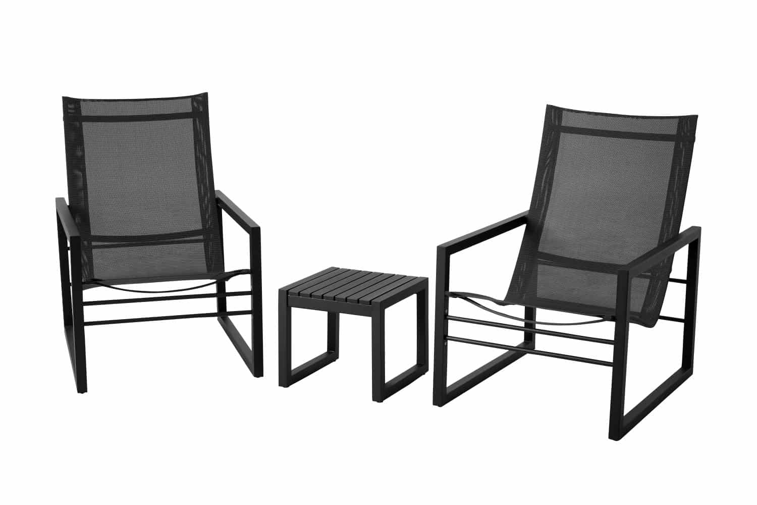 Brafab Vevi Fåtöljer och sidobord i svartlackerad aluminium och slitstark sits i svart textilene.