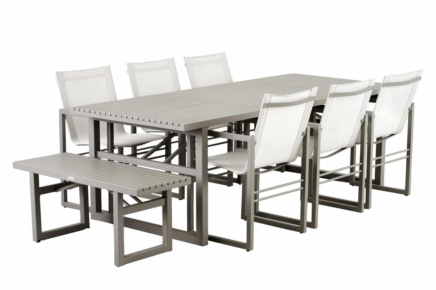Brafab Vevi Matbord khaki är ett matbord 230×95 cm tillverkat i beige/khakifärgad underhållsfri aluminium. Med 6 st Vevi matstolar beige och Vevi bänk.