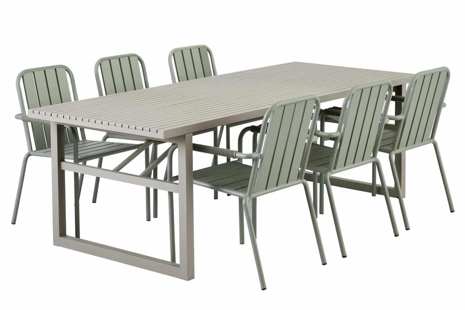 Brafab Vevi Matbord khaki är ett matbord 230×95 cm tillverkat i beige/khakifärgad underhållsfri aluminium. Med 6 st Innes gröna karmstolar.