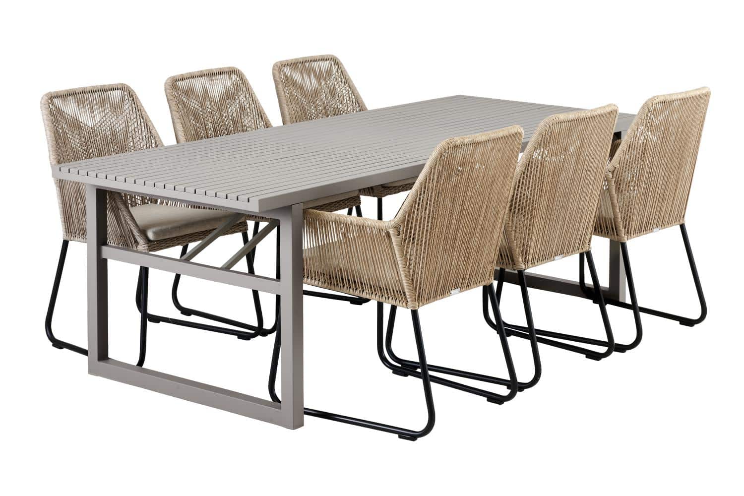 Brafab Vevi Matbord khaki är ett matbord 230×95 cm tillverkat i beige/khakifärgad underhållsfri aluminium. Med 6 st Midway matstolar beige.