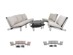 Brafab Blixt Loungegrupp svart med bord. Lerbeige, himmelsgrå eller rosé dynor. 3-sitssoffa och 2 fåtöljer samt satsbord.